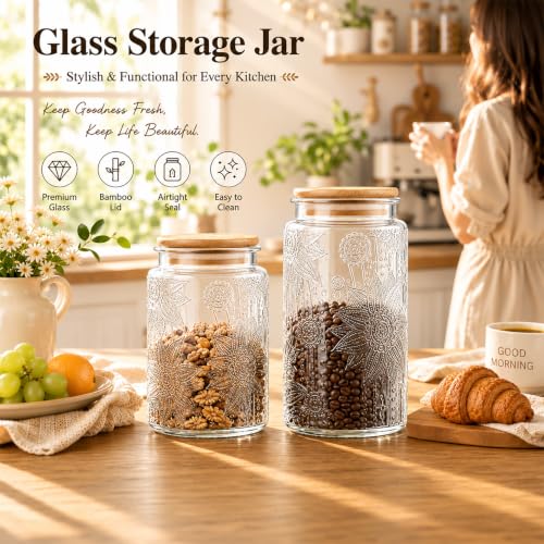 Custde Vintage Sunflower Glass Jar, 23.7oz Airtight Bamboo Lid Container