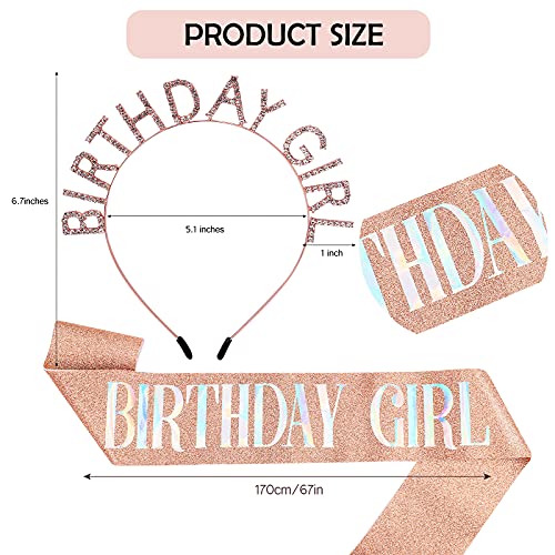 CIEHER Birthday Girl Tiara Headband and Rose Gold Glitter Sash Set