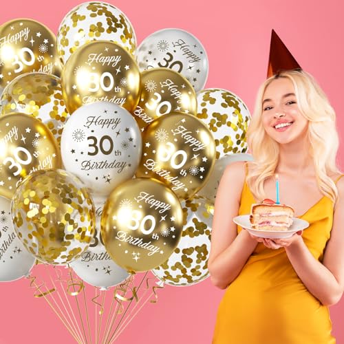 30th Birthday Balloons Pack - White & Gold Latex Confetti, 15pcs