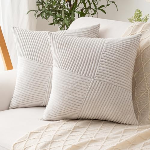 Boho Corduroy Throw Pillow Covers 18x18 Inch Set of 2 - Cream White