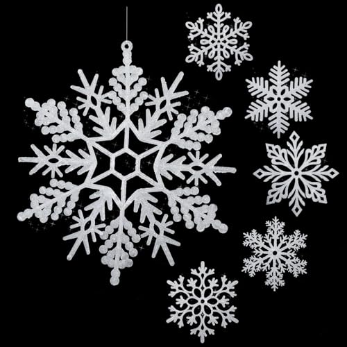 48 Pack Large Glitter Snowflakes Ornaments 12" Plastic Winter Christmas Decor - White