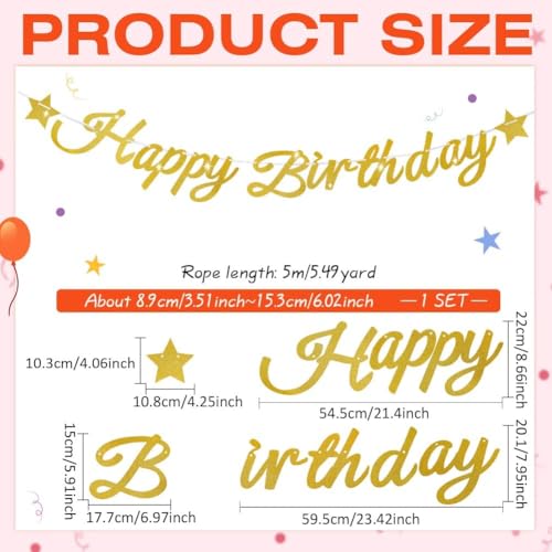 Golden Glitter Happy Birthday Banner with Star Decor and Hanging Ribbon