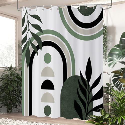 Mid Century Boho Shower Curtain, Green White Black, 72" x 72"
