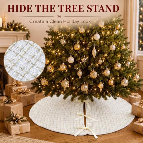 48 Inch White Tweed Christmas Tree Skirt - Farmhouse Holiday Decor