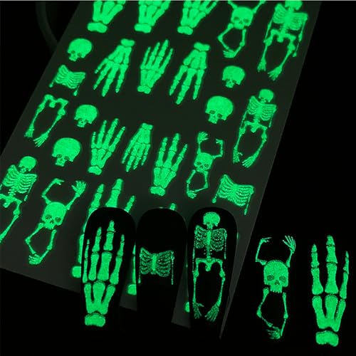 IDDFEVE Halloween Glow-in-the-Dark Nail Stickers, 3D Skeleton & Spider Web Decals - 4 Sheets