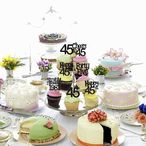 30PCS Happy 45th Birthday Cupcake Toppers Glitter Black Picks