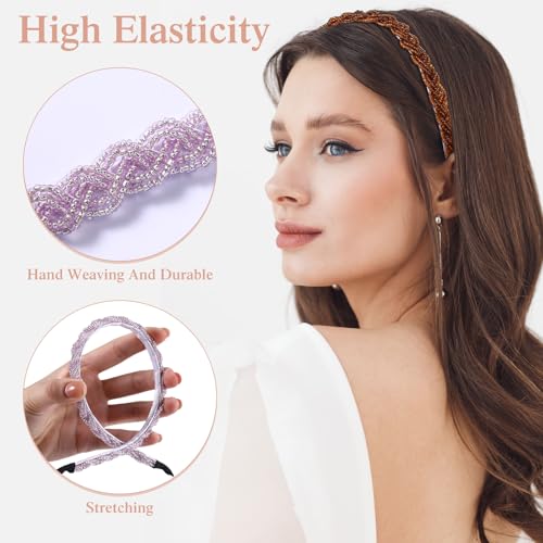 Wettal 6 Pack Beaded Crystal Headbands Non Slip Hair Hoops Brown