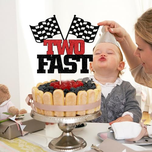 Two Fast Cake Topper - Black Glitter Race Car 2nd Birthday Decoration