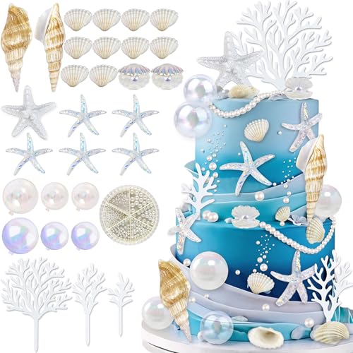 30PCS Beach Themed Cake Decorations - Starfish & Shell Toppers