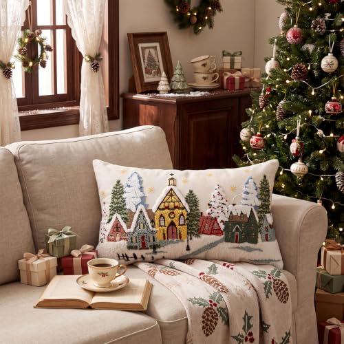 White 20x12 Inch Christmas Village Pillow Cover Snowy Town Scene Embroidered