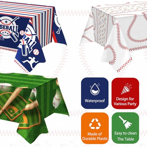 OQOQ Baseball Party Decorations Tablecloth Set - 3 Packs, 108x54 Inches
