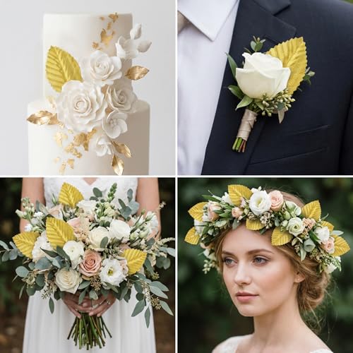 Foyods 120 PCS Gold Artificial Leaves with Flexible Stems for DIY Crafts