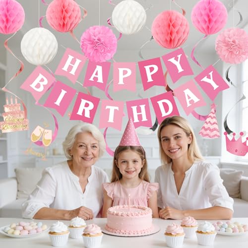 Ouddy Life Pink & White Birthday Decorations Set - Banner & Honeycomb Balls