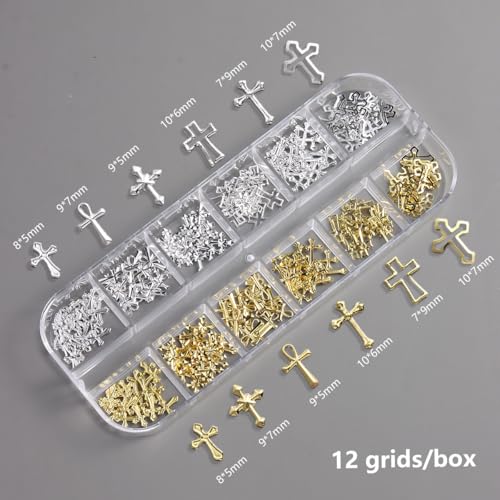 FSpronail 3D Metal Cross Nail Charms - Gold & Silver Y2K Art Accessories Set