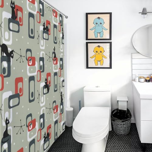 Mid Century Modern Cat Shower Curtain - Waterproof 72x72