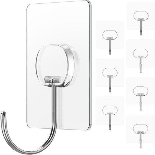 JINSHUNFA Heavy Duty Adhesive Wall Hooks - 13LB No Drill Transparent Waterproof | 8 Pack for Bathroom & Kitchen