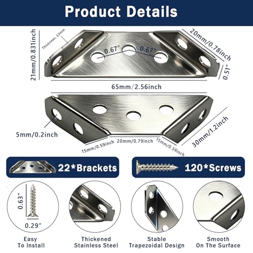 22-Pack Stainless Steel L Brackets for DIY Furniture Support