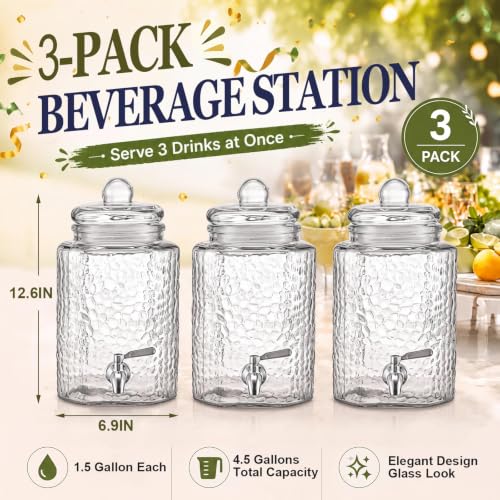 Tiangrid 3 Pack 1.5 Gallon Glass Drink Dispensers for Parties - Hammered Design