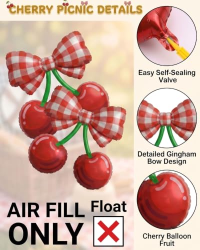 Red Plaid Cherry Foil Balloons - Fruit Theme Party Supplies, 6 Pack