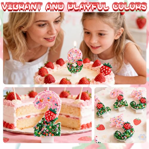 Strawberry Number 3 Birthday Candle - Pink Green Glitter Cake Topper
