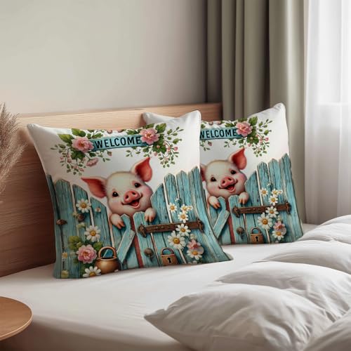 Set of 2 Pig Throw Pillow Covers 18x18 Inch - Cute Farmhouse Decor