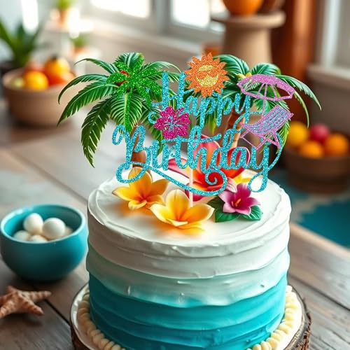 Tropical Hawaiian Luau Cake Topper | Glitter Palm Leaf Decoration