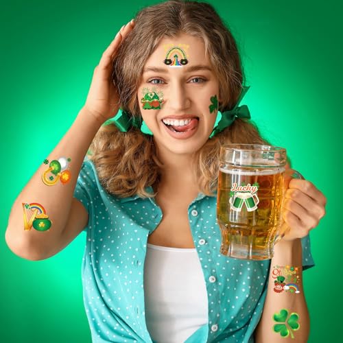 Konsait St. Patrick's Day Temporary Tattoos, 96 Pcs Irish Shamrock Designs