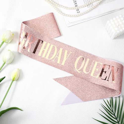 Rose Gold Birthday Queen Satin Sash with Glitter Foil Letters