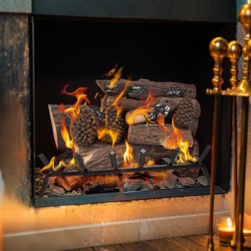Skyflame 9-Piece Ceramic Wood Logs Set with Pine for Gas Fireplace - Realistic Fire Feature