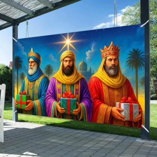 Christmas Nativity Banner 71x43 Inch Three Wise Men Holy Night Backdrop - Red-Green