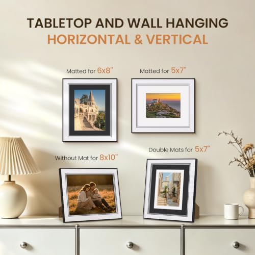 8x10 Picture Frame Black, Dual Mat for 5x7 or 6x8 Photos, Wall & Tabletop