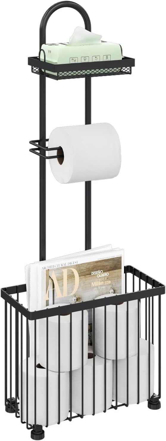 X-cosrack Toilet Paper Holder - Freestanding Tissue Rack with Storage Shelf for Bathroom | Black