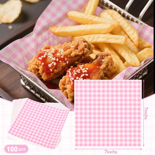 Pink Checkered Waxed Deli Paper Sheets 7x7in for Sandwiches & Burgers - 100pcs Neyimqr