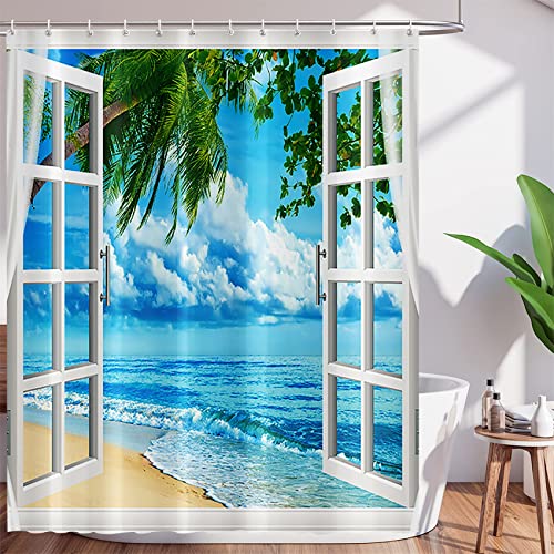 Tropical Beach Shower Curtain, Multi Seaside Palm Tree Bath Set 72x72"