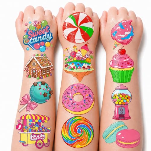Candy Tattoos - 96 Pre-Cut Temporary Tattoos for Kids Birthday Party Favors - Candy Themed Designs