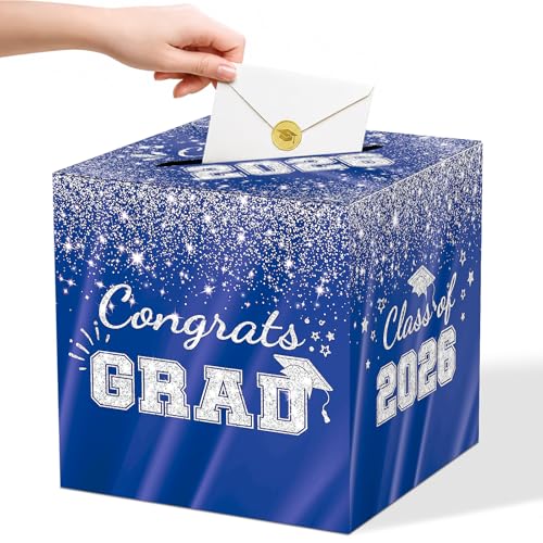Blue Silver Graduation Card Box - 2026 Glitter Party Decor 8.7"