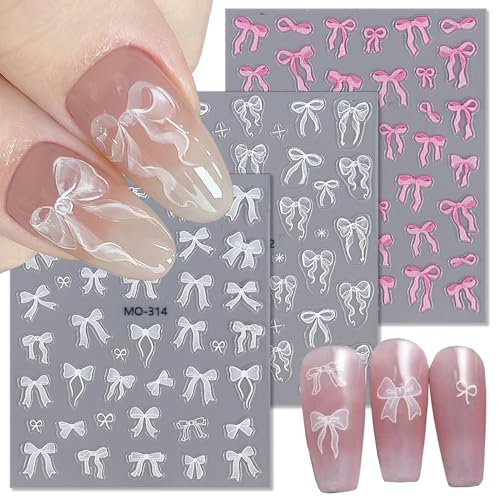 5D Bows Nail Art Stickers & Decals - Pink & White Embossed Bowknot Manicure