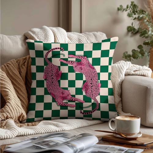 White-Leopard Trendy 18x18 Pillow Cover - Pink Leopard Checkered Decor