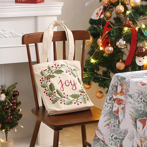 Christmas Embroidery Canvas Tote Bag - Joy Wreath Reusable Holiday Gift Bag