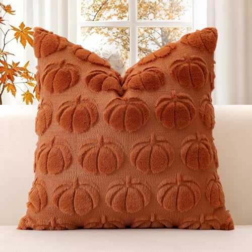 OTOSTAR Pumpkin Fall Pillow Cover 20x20 Inch Rust Plush Faux Fur