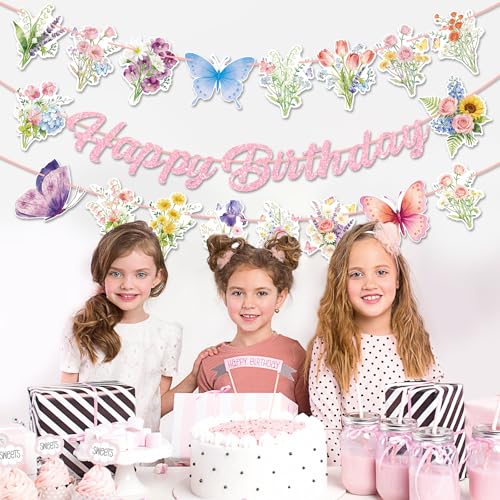 Happy Birthday Banner with Pink Glitter & Floral Accents