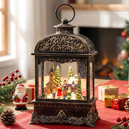 Christmas Village Snow Globe Water Lantern with Church Carolers Scene - 10.2" Musical Holiday Decor
