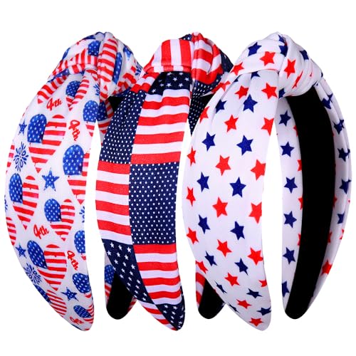 Patriotic Rhinestone Pearl Knotted Headbands 3-Piece Red White Blue