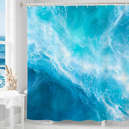 Mocsicka Blue Marble Ocean Shower Curtain, 71x71 Inch Coastal Beach Decor