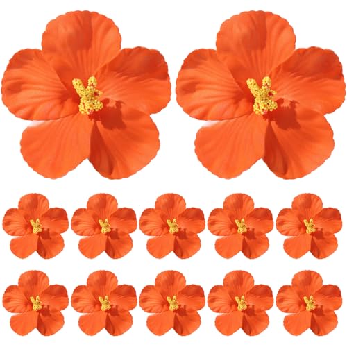 12 Pcs Orange Artificial Hibiscus Flowers, 4-Inch Realistic EVA Foam