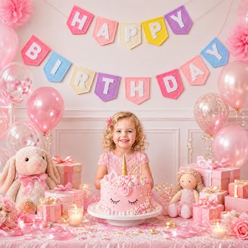 Laveduso Felt Happy Birthday Banner, Pre-Strung Macaron Pastel Party Decor