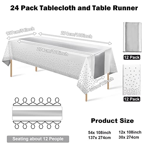 White and Silver Confetti Dot Plastic Tablecloth & Satin Table Runner Set - 24 Pack