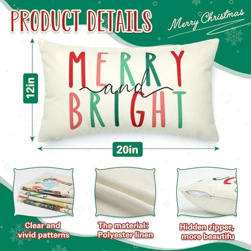 Merry Bright Christmas Pillow Cover 12x20 Holiday Decorative Throw Pillowcase
