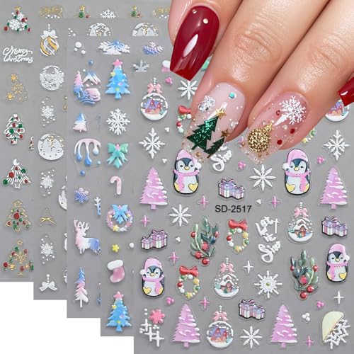 5D Christmas Nail Stickers Embossed Snowflake Holiday Nail Decals 5 Sheets