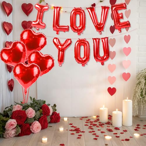 I Love You Balloons Set - 12 PCS Red Heart Foil Balloons for Valentine's Day